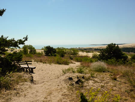 Photo: Gras- und Sandlanschaft mit verfallener Bank